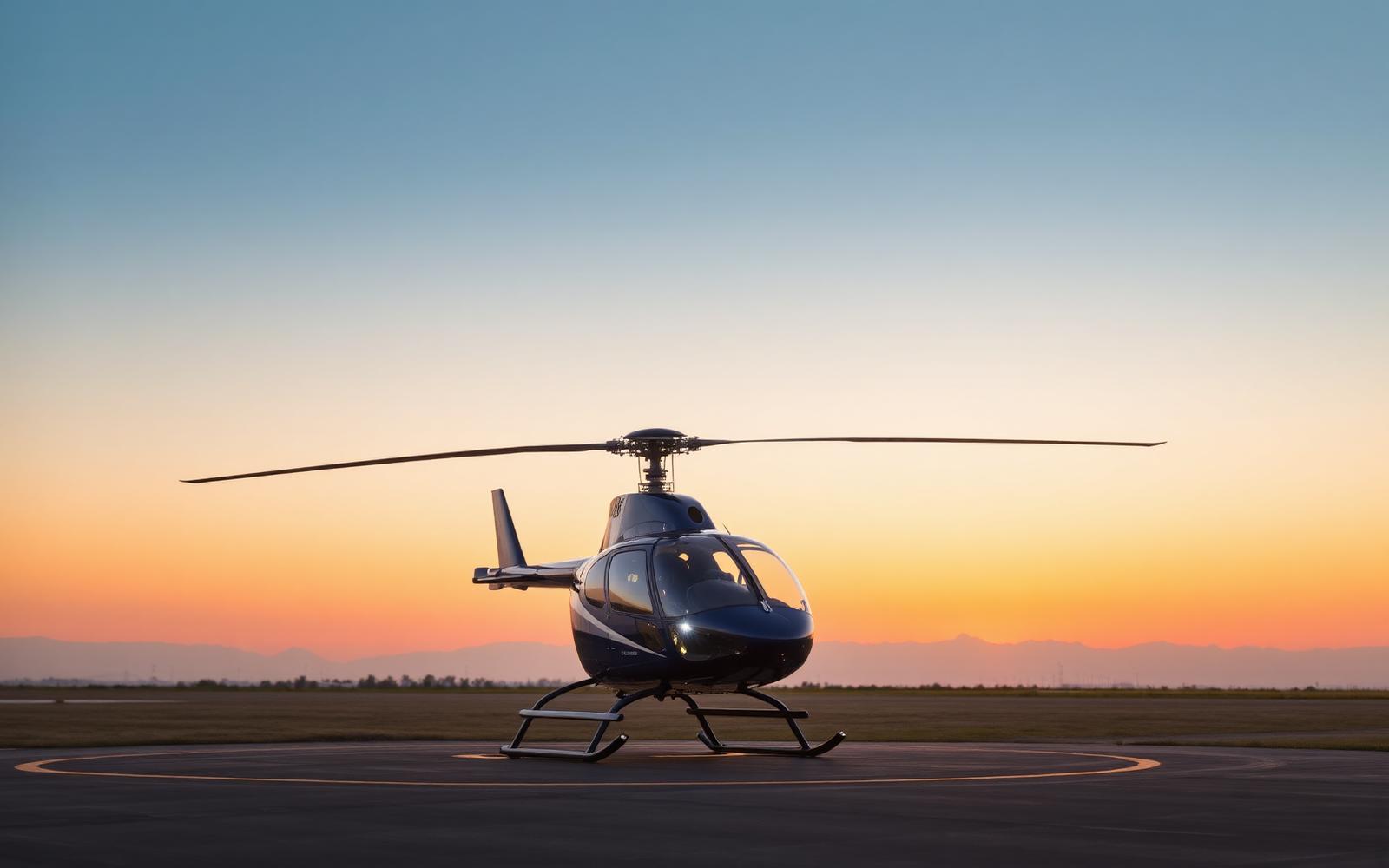 Modern helicopter on helipad at dusk